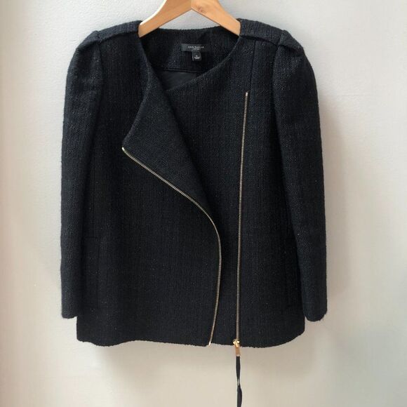 Ann Taylor Black Gold Metallic Wool Blend Tweed Jacket Asymmetric Zipper size 6 - Picture 3 of 8